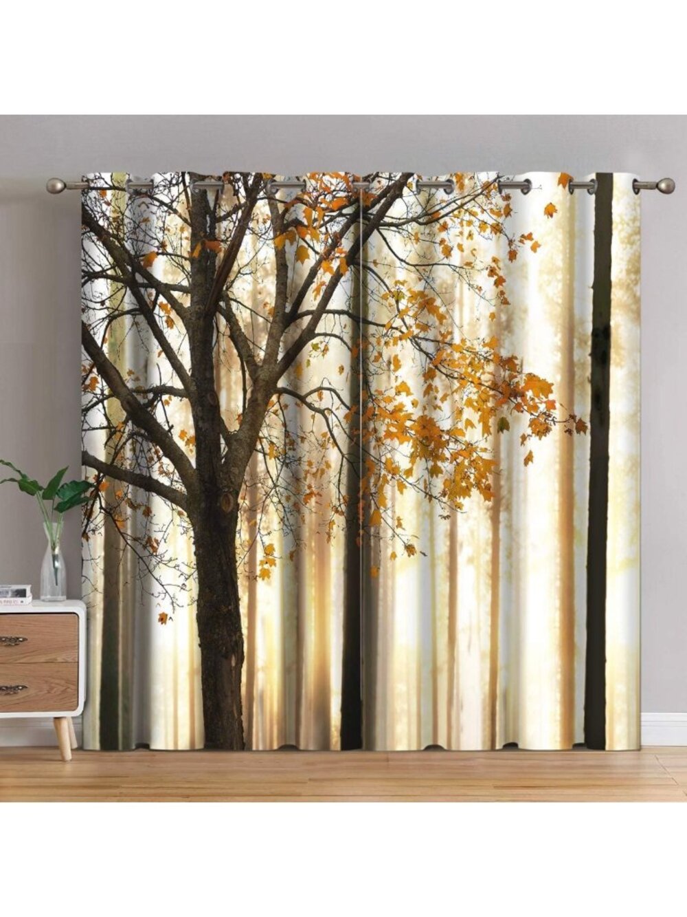 Fall-Inspired Yellow Blackout Curtains 42"x84" - 2 Panels with Orange Leaves